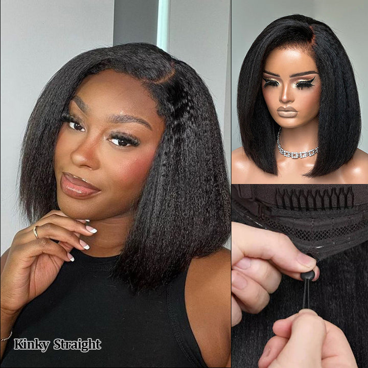 Glueless Kinky Straight Bob Wig Flexi-Fit Invisi Drawstring Cap Bob Wig 100% Human Hair Wigs