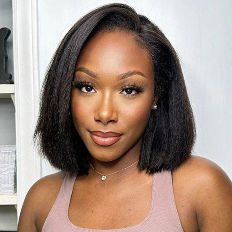 Glueless Kinky Straight Bob Wig Flexi-Fit Invisi Drawstring Cap Bob Wig 100% Human Hair Wigs