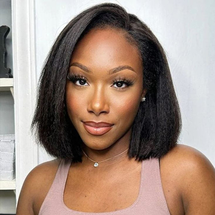 Glueless Kinky Straight Bob Wig Flexi-Fit Invisi Drawstring Cap Bob Wig 100% Human Hair Wigs