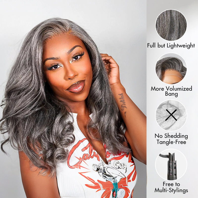 Glueless Salt and Pepper Body Wave Wig Boss Vibe Grey Wig Pre-Cut Lace