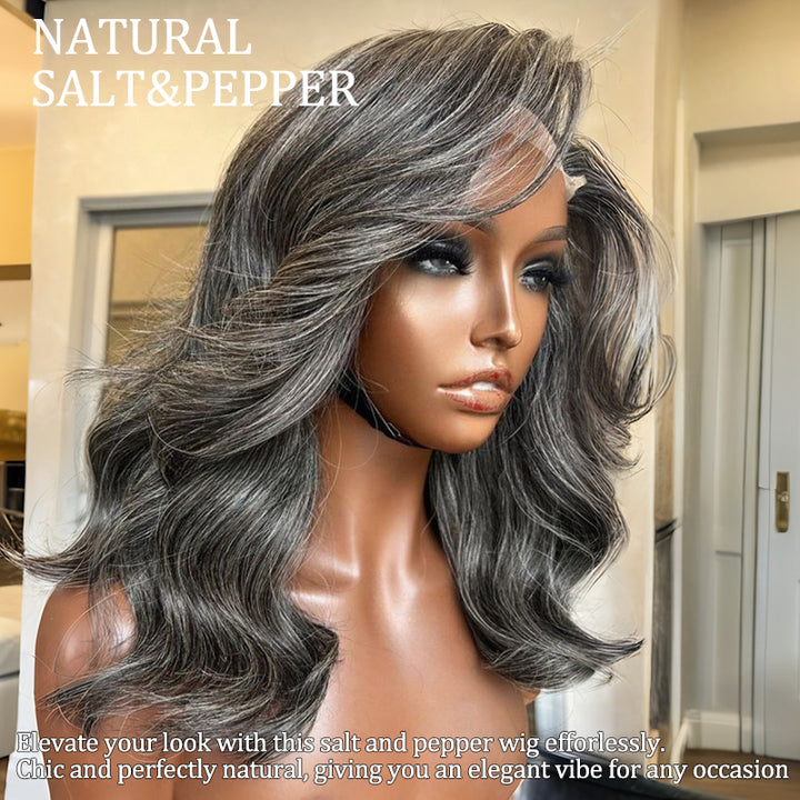 Glueless Salt and Pepper Body Wave Wig Boss Vibe Grey Wig Pre-Cut Lace