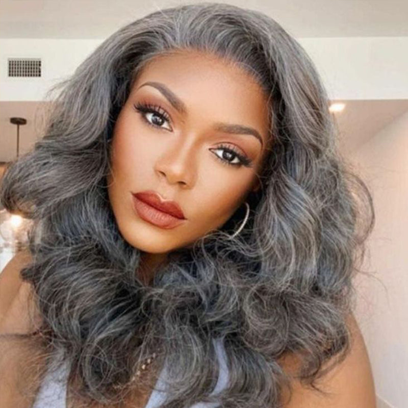Glueless Salt and Pepper Body Wave Wig Boss Vibe Grey Wig Pre-Cut Lace
