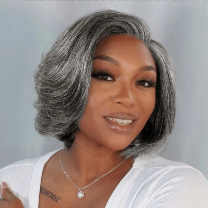 Glueless Salt and Pepper Wavy Pixie Layer Cut Bob Wig Boss Vibe Grey Wig Pre-Cut Lace