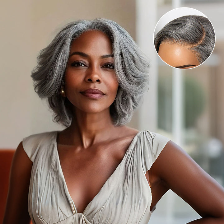Glueless Salt and Pepper Wavy Pixie Layer Cut Bob Wig Boss Vibe Grey Wig Pre-Cut Lace