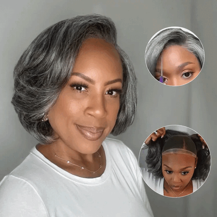 Glueless Salt and Pepper Wavy Pixie Layer Cut Bob Wig Boss Vibe Grey Wig Pre-Cut Lace