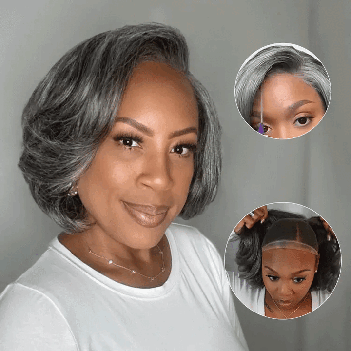 Glueless Salt and Pepper Wavy Pixie Layer Cut Bob Wig Boss Vibe Grey Wig Pre-Cut Lace