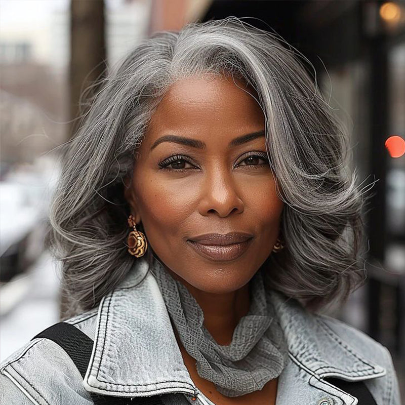 Glueless Salt and Pepper Wavy Pixie Layer Cut Bob Wig Boss Vibe Grey Wig Pre-Cut Lace