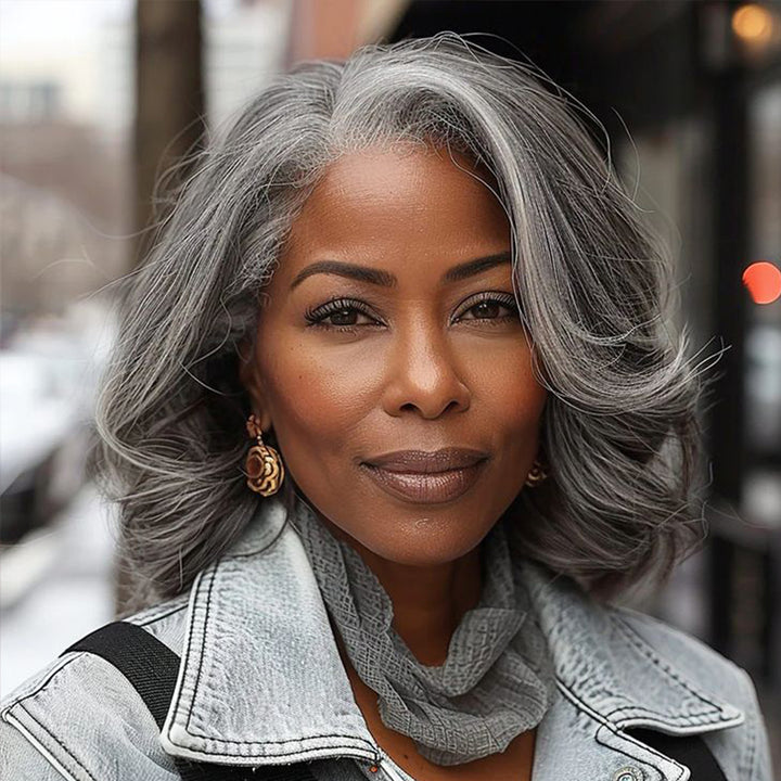 Glueless Salt and Pepper Wavy Pixie Layer Cut Bob Wig Boss Vibe Grey Wig Pre-Cut Lace