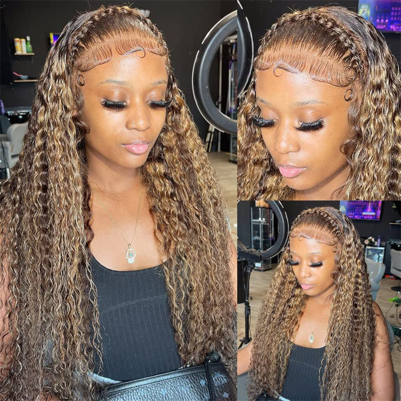 Money Piece P4/27 Highlight Kinky Curly Transparent Lace Wig Pre-plucked Human Hair Wigs