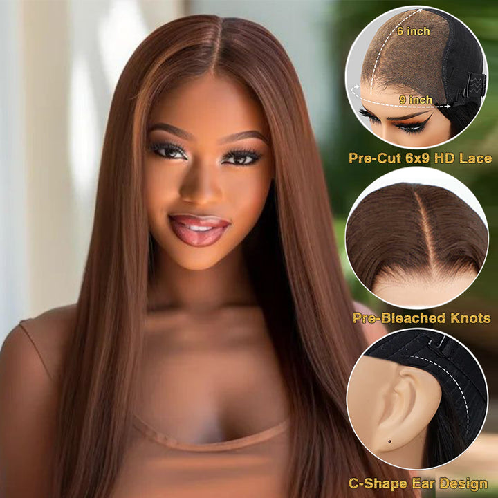 Perruque naturelle lisse pré-décolorée sans colle, brun chocolat n° 4