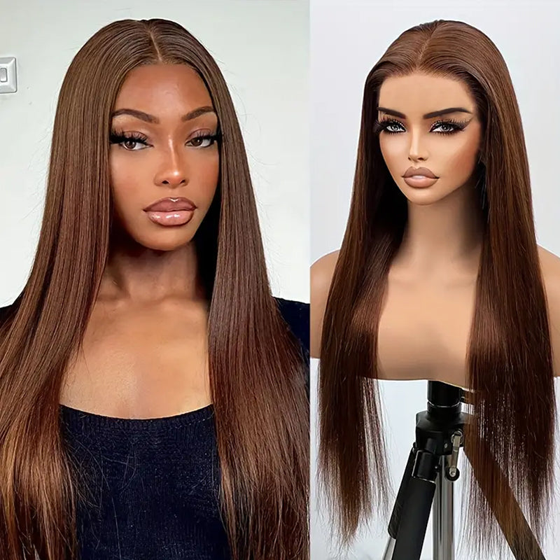 Perruque naturelle lisse pré-décolorée sans colle, brun chocolat n° 4