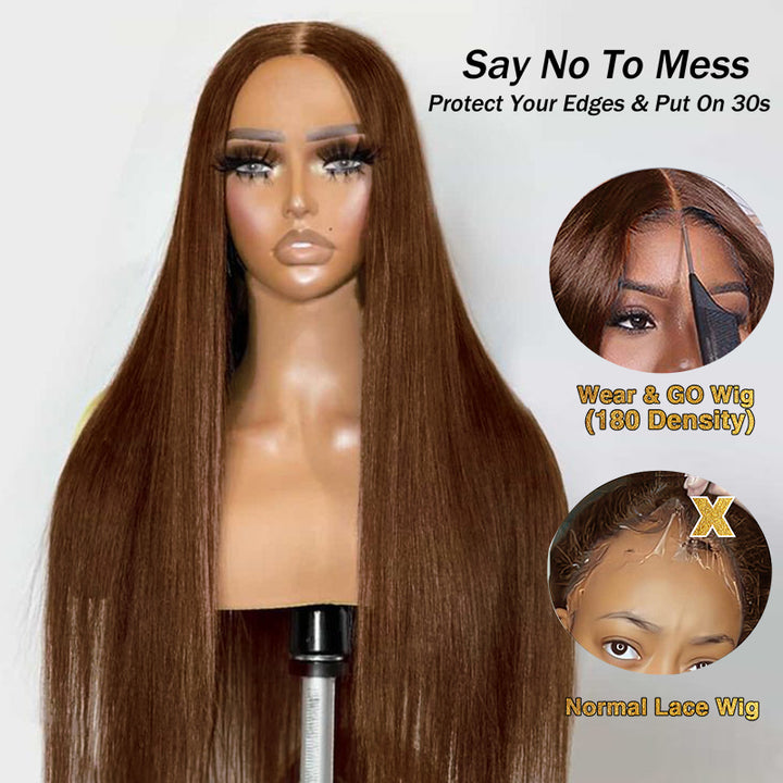 Perruque naturelle lisse pré-décolorée sans colle, brun chocolat n° 4