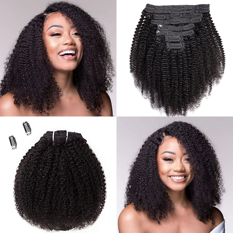 Extensions de cheveux mongols crépus et bouclés à clipser, 8 pièces avec 18 clips