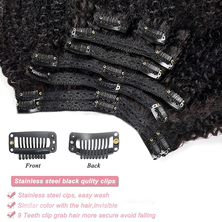 Extensions de cheveux mongols crépus et bouclés à clipser, 8 pièces avec 18 clips