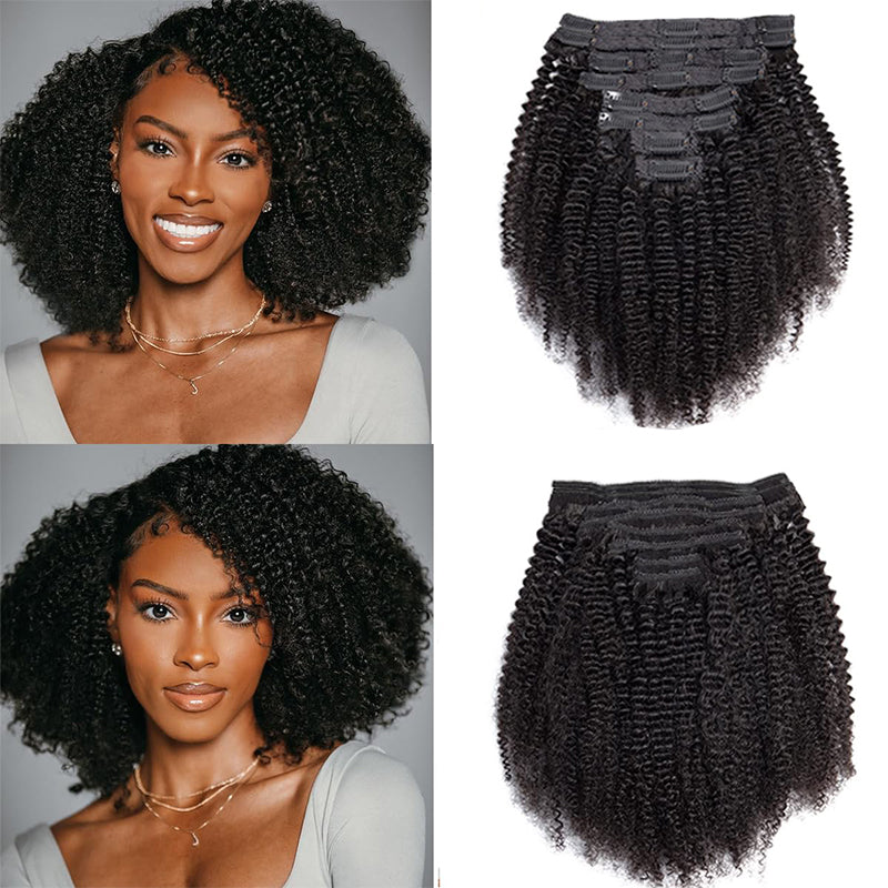 Extensions de cheveux mongols crépus et bouclés à clipser, 8 pièces avec 18 clips