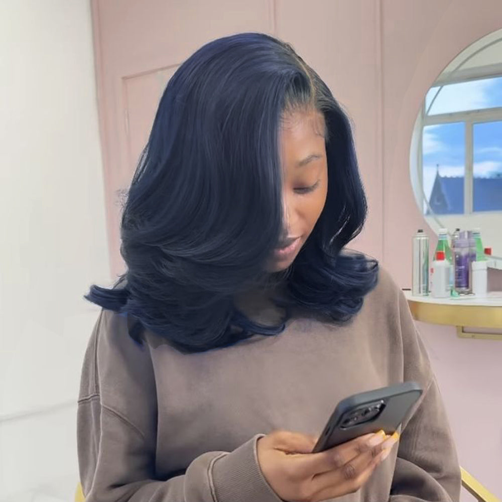Glueless Midnight Blue Bob Wig Glueless Flexi-Fit Invisi Drawstring Cap Trendy Colored Human Hair Wigs