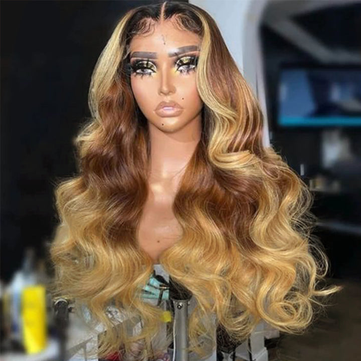 Ombre Blonde Lace Frontal Wig Human Hair Pre Plucked T1B/4/27 Body Wave Glueless Lace Front Wigs