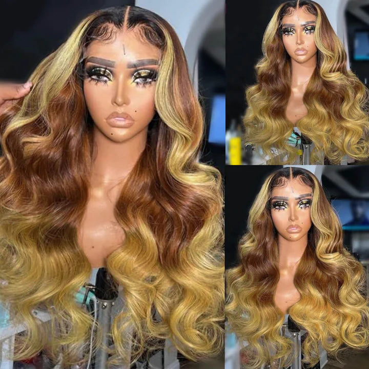 Ombre Blonde Lace Frontal Wig Human Hair Pre Plucked T1B/4/27 Body Wave Glueless Lace Front Wigs