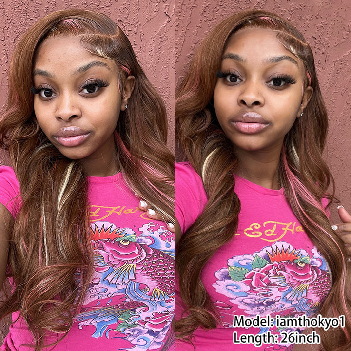 Pink Highlight On Brown Hair Blonde Skunk Stripe Body Wave Lace Human Wigs