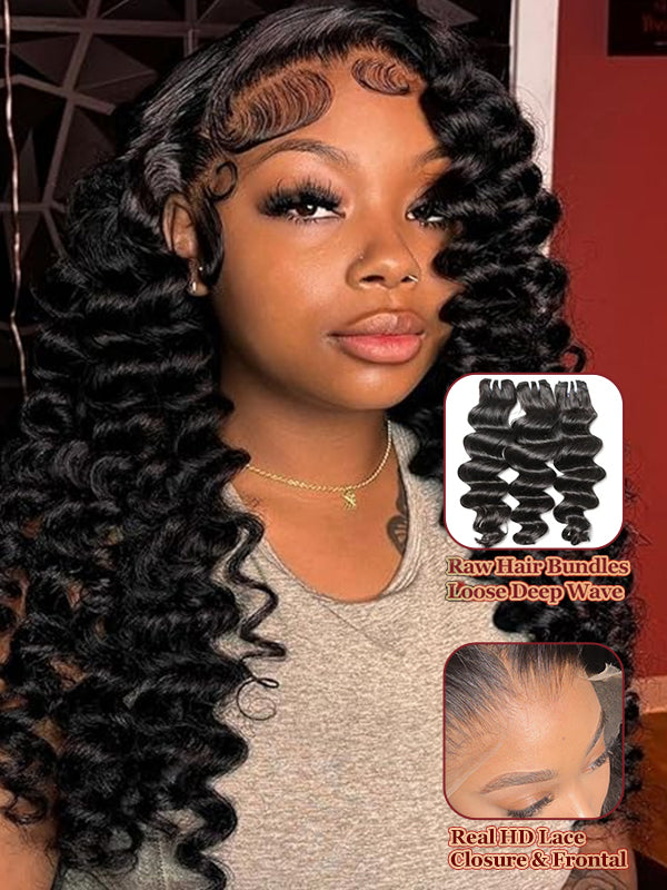 Raw Hair | Loose Deep Wave Bundles Deal 100% Raw Virgin Human Hair With HD Closure & Frontal
