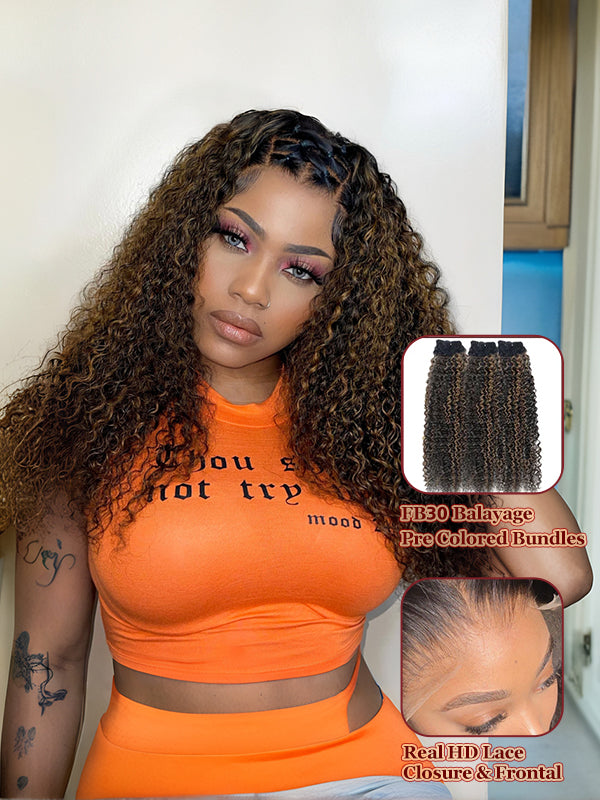 Raw Hair | Afro Curly Wave Bundles Deal Colored FB30 100% Raw Virgin Human Hair With HD Closure & Frontal