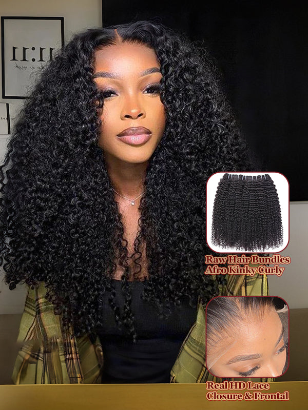 Raw Hair | Afro Curly Wave Bundles Deal Colored FB30 100% Raw Virgin Human Hair With HD Closure & Frontal