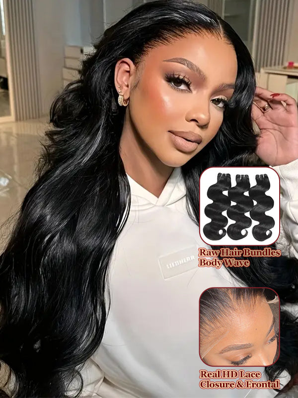 Raw Hair | Body Wave Bundles Deal 100% Raw Virgin Human Hair With HD Closure & Frontal
