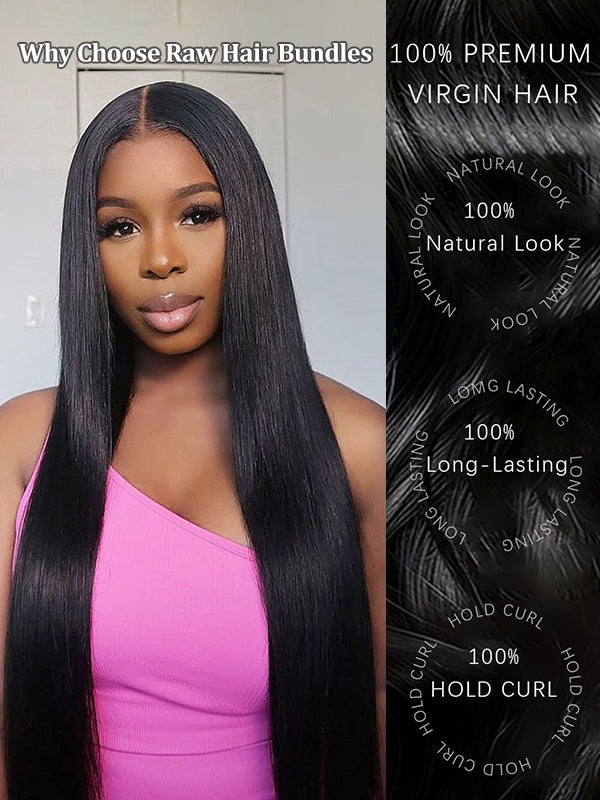 Raw Hair | Silky Straight Bundles Deal 100% Raw Virgin Human Hair With HD Closure & Frontal