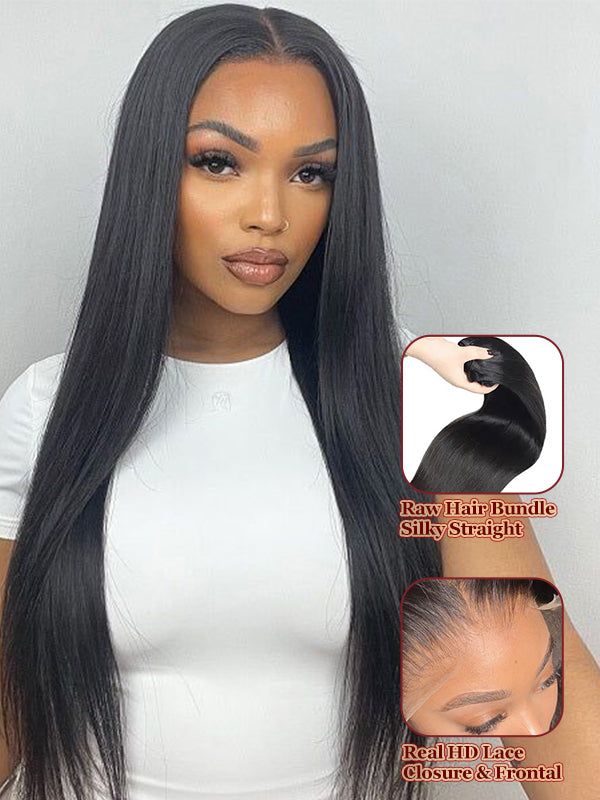 Raw Hair | Silky Straight Bundles Deal 100% Raw Virgin Human Hair With HD Closure & Frontal