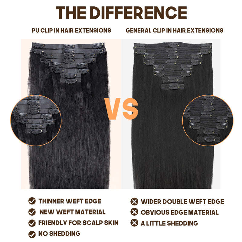 Seamless PU Weft Clip In Hair Extensions Silky Straight Clip Ins For Black Women Remy Human Hair 8 pcs With 18 Clips