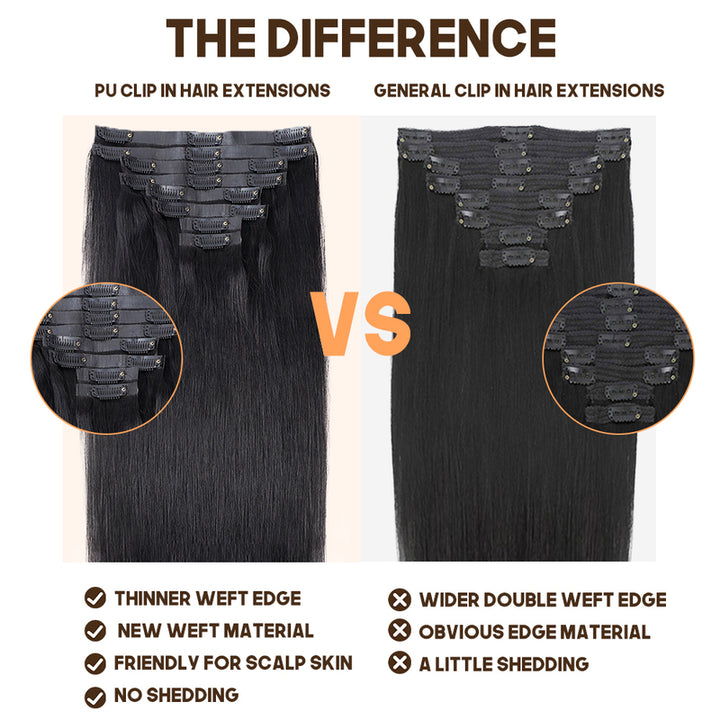 Seamless PU Weft Clip In Hair Extensions Silky Straight Clip Ins For Black Women Remy Human Hair 8 pcs With 18 Clips