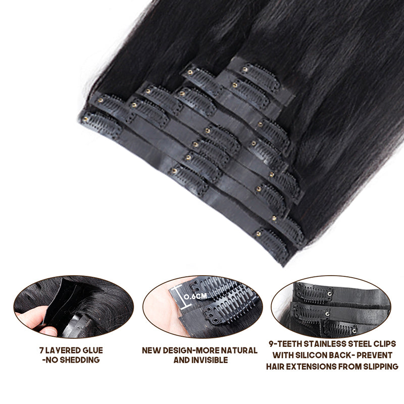 Seamless PU Weft Clip In Hair Extensions Silky Straight Clip Ins For Black Women Remy Human Hair 8 pcs With 18 Clips
