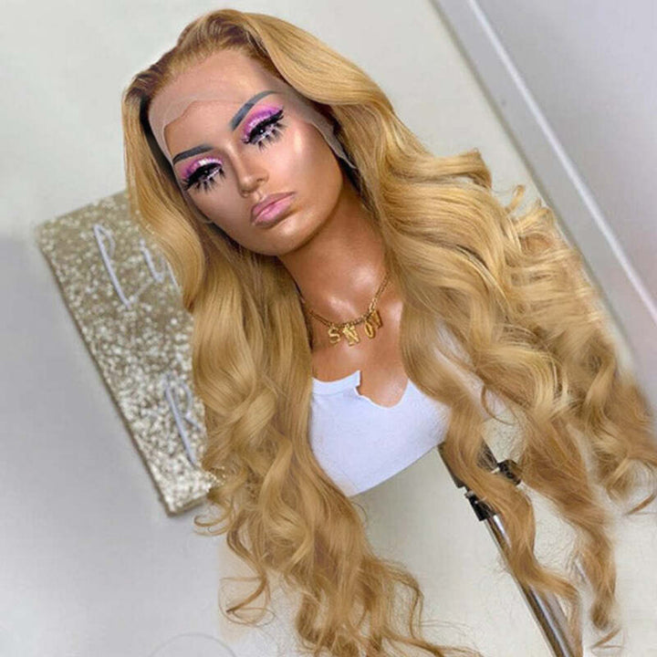 Perruque ondulée T4/27 ombrée, cheveux humains, dentelle transparente HD pré-épilée