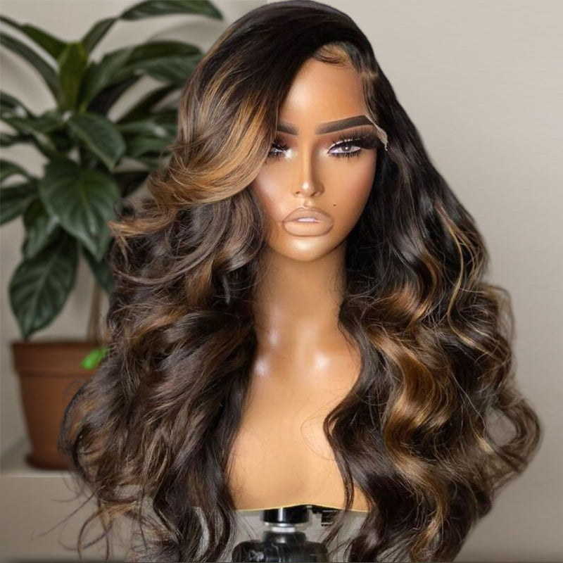 Wear & Go | Money Piece Light Brown Glueless 7x6/13x6 Loose Body Wave Pre-Bleached Lace Wig