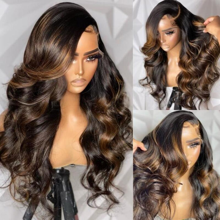 Wear & Go | Money Piece Light Brown Glueless 7x6/13x6 Loose Body Wave Pre-Bleached Lace Wig
