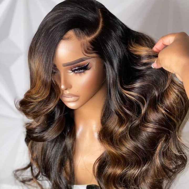 Wear & Go | Money Piece Light Brown Glueless 7x6/13x6 Loose Body Wave Pre-Bleached Lace Wig