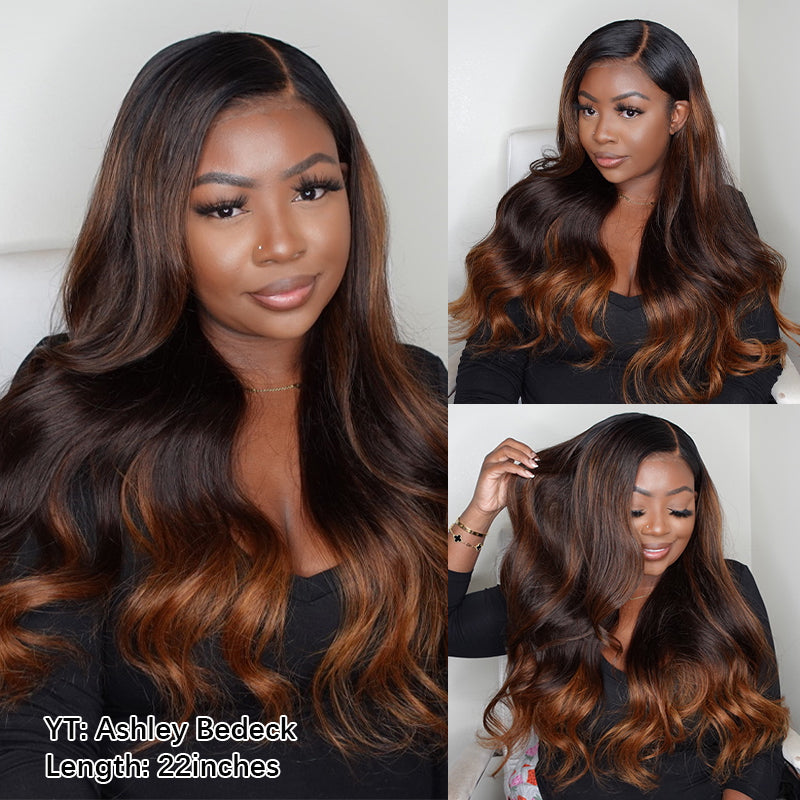 Vente flash | Perruque Loose Body Wave châtain foncé avec mèches châtain clair 13x6, densité 180 %