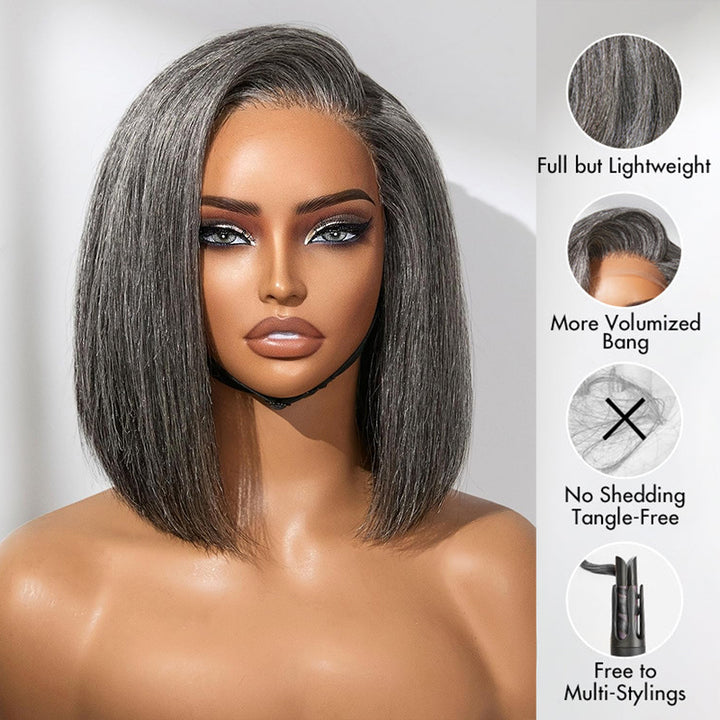 Wear&Go Salt and Pepper Straight Bob Wig Glueless Grey Wig Pre-Cut Lace