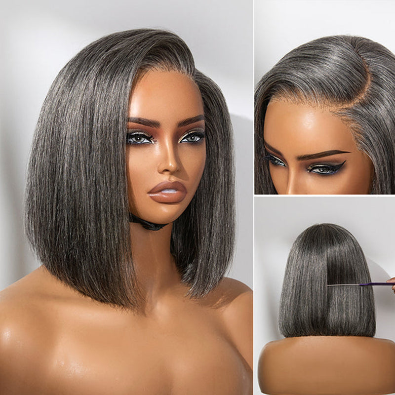 Wear&Go Salt and Pepper Straight Bob Wig Glueless Grey Wig Pre-Cut Lace