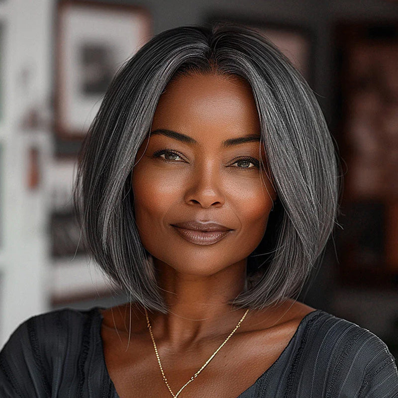 Wear&Go Salt and Pepper Straight Bob Wig Glueless Grey Wig Pre-Cut Lace