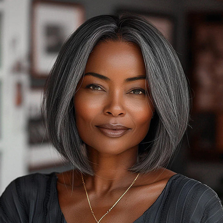 Wear&Go Salt and Pepper Straight Bob Wig Glueless Grey Wig Pre-Cut Lace