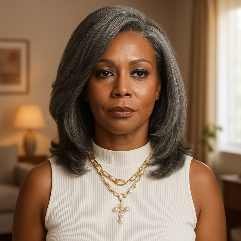 Wear&Go Salt and Pepper Straight Bob Wig Glueless Grey Wig Pre-Cut Lace