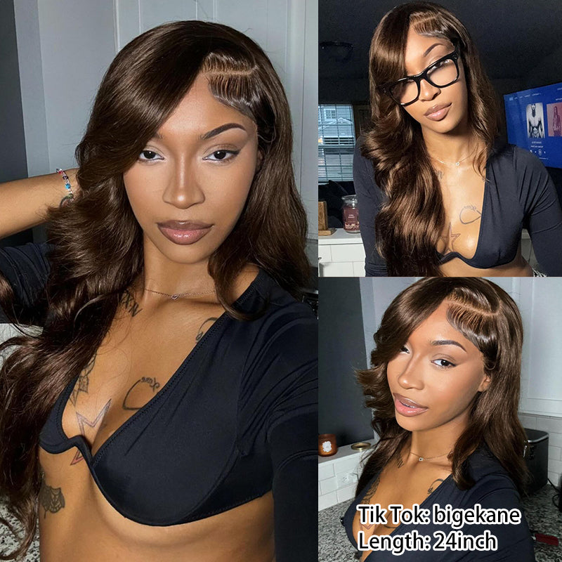 bigekane Recommend #4 Color Chocolate Brown Body Wave Pre-plucked HD Transparent Lace Human Hair Wig