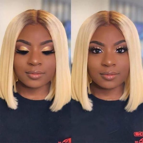 Perruques synthétiques ondulées blondes ombrées 4/613, pré-épilées, avec racines brun foncé