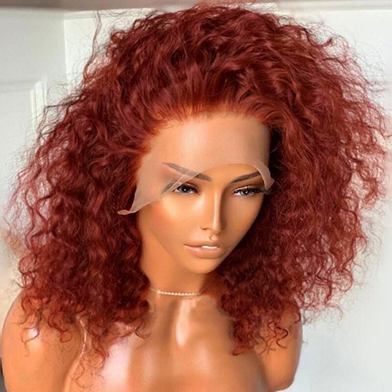 #33 Reddish Brown Curly Bob Wig Auburn Copper Transparent  Lace Human Hair Wig
