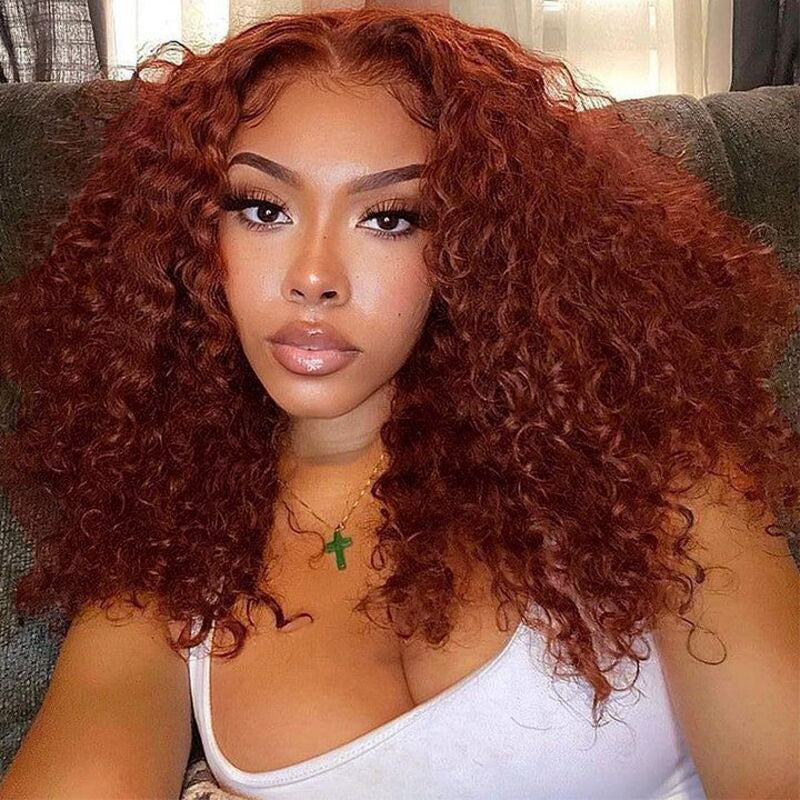 #33 Reddish Brown Curly Bob Wig Auburn Copper Transparent  Lace Human Hair Wig