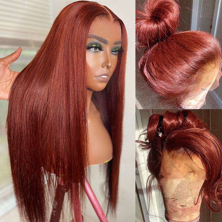 #33 Reddish Brown Straight HD Lace Wig Auburn Copper Color Wig Human Hair