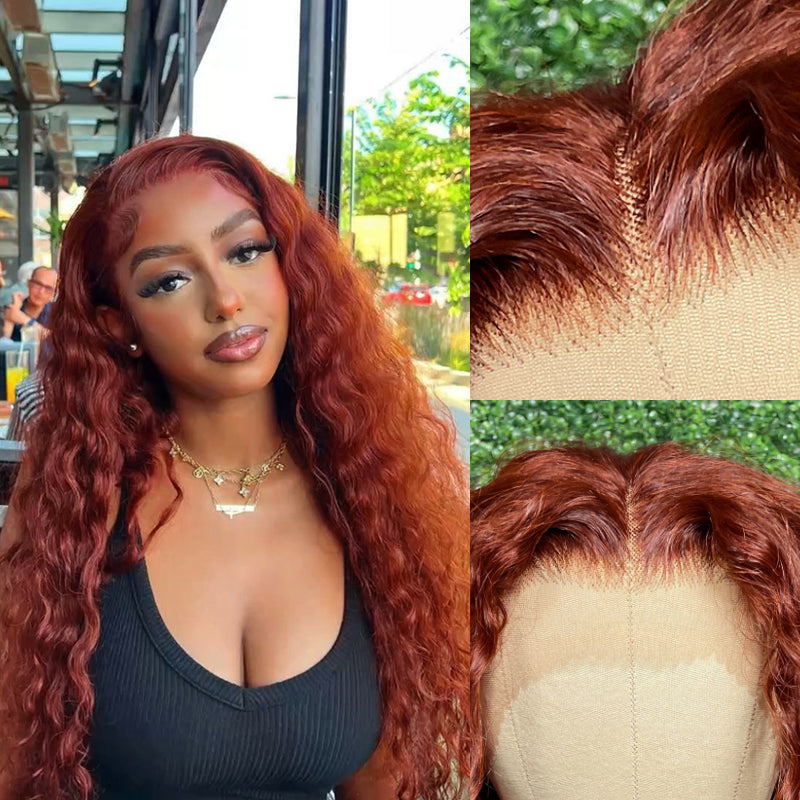 Perruque ondulée brun rougeâtre #33, perruque en cheveux humains auburn cuivré avec dentelle transparente HD