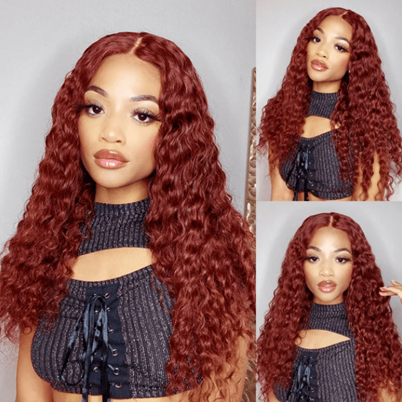 Perruque ondulée brun rougeâtre #33, perruque en cheveux humains auburn cuivré avec dentelle transparente HD