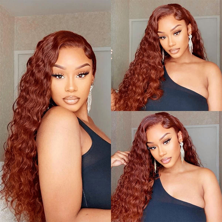 Perruque ondulée brun rougeâtre #33, perruque en cheveux humains auburn cuivré avec dentelle transparente HD